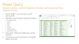 Power Query
Discover, combine, and refine Big Data, small data, and any data with Data
Explorer for Excel.
 