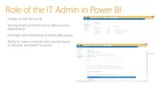 Enabler of Self Service BI
Varying levels of control across data sources,
departments
Oversight and monitoring of cloud data access
Ability to make corporate data sources easier
to discover, and easier to access
Role of the IT Admin in Power BI
 
