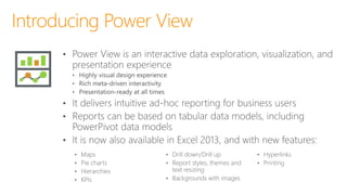 Power View in SharePoint
Browser SharePoint
web server
Database
server
SharePoint
app server
SQL AS
(PowerPivot)
SQL AS
(T...