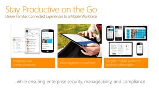 SharePoint Mobile 2013
Mobile Browser
Support across
different mobile
devices, including
touch for tablets and
phone
Nativ...
