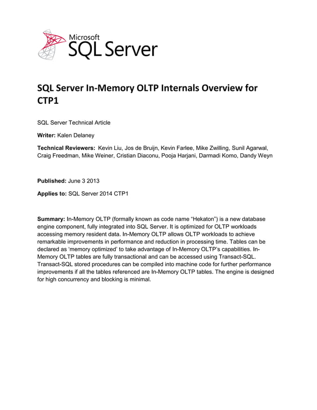 Microsoft SQL Server 2014 in memory oltp tdm white paper | PDF