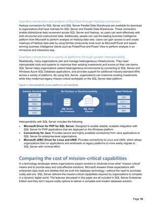 Page 16
Seamless connection and analysis of Big Data through Hadoop connectors
Hadoop connectors for SQL Server and SQL Server Parallel Data Warehouse are available for download
to organizations that have licenses for SQL Server and Parallel Data Warehouse. These connectors
enable bidirectional data movement across SQL Server and Hadoop, so users can work effectively with
both structured and unstructured data. Additionally, people can use the leading business intelligence
platform from Microsoft to perform analysis on Hadoop data sets. Users can gain access to and create
mashups of Hadoop data sets by using familiar productivity tools such as Microsoft Excel and award-
winning business intelligence clients such as PowerPivot and Power View to perform analysis in an
immersive and interactive way.
Seamless connection to a variety of platforms through greater interoperability
Realistically, many organizations own and manage heterogeneous infrastructures. They need
interoperable tools and systems to maximize their existing investments and evolve on their own terms.
SQL Server helps organizations extend heterogeneous environments by connecting to SQL Server and
Windows Azure SQL Database applications, and provides support for additional industry-standard APIs
across a variety of platforms. By using SQL Server, organizations can maximize existing investments
while they modernize legacy mission-critical workloads on the SQL Server data platform.
Figure 3: Interoperability across platforms and standards
Interoperability with SQL Server includes the following:
 Microsoft Driver for PHP for SQL Server: Designed to enable reliable, scalable integration with
SQL Server for PHP applications that are deployed on the Windows platform.
 Connectivity for Java: Provides secure and highly available connectivity from Java applications to
SQL Server for enterprise-level organizations.
 Microsoft JDBC Driver for Linux and UNIX: Provides connectivity to Linux and UNIX, which allows
organizations that run applications and workloads on legacy platforms to more easily migrate to
SQL Server with minimal effort.
Comparing the cost of mission-critical capabilities
In a technology landscape where organizations expect vendors to intuitively know what “mission critical”
means and to provide easy and cost-effective solutions, Microsoft answers these expectations with
enterprise-class tools and abilities that are built into database technology—without the need to purchase
costly add-ons. SQL Server delivers the mission-critical capabilities required by organizations to compete
in a dynamic digital world. The features discussed in this paper are all included in SQL Server Enterprise
Edition and they don’t require costly options to deliver a complete and modern database solution.
 