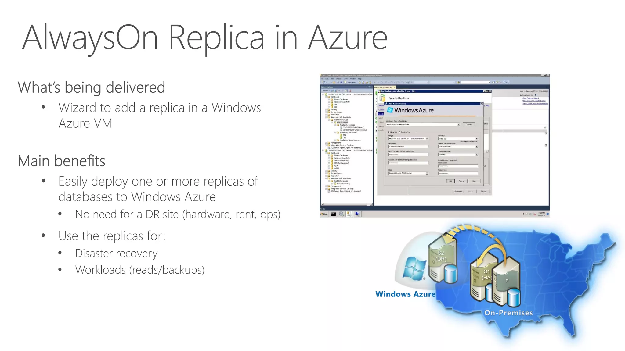 Container Shipping Company
• Business
‐ One of the largest container shipping company in the World
• Application
‐ Secured electronic data interchange (EDI) messages
• Infrastructure
‐ Primary data center in NJ
‐ DR data center in Manhattan, NY
‐ Use Availability Groups for DR
‐ Both data centers got affected by Hurricane Sandy
‐ Would like to leverage Windows Azure as DR data center
29
 