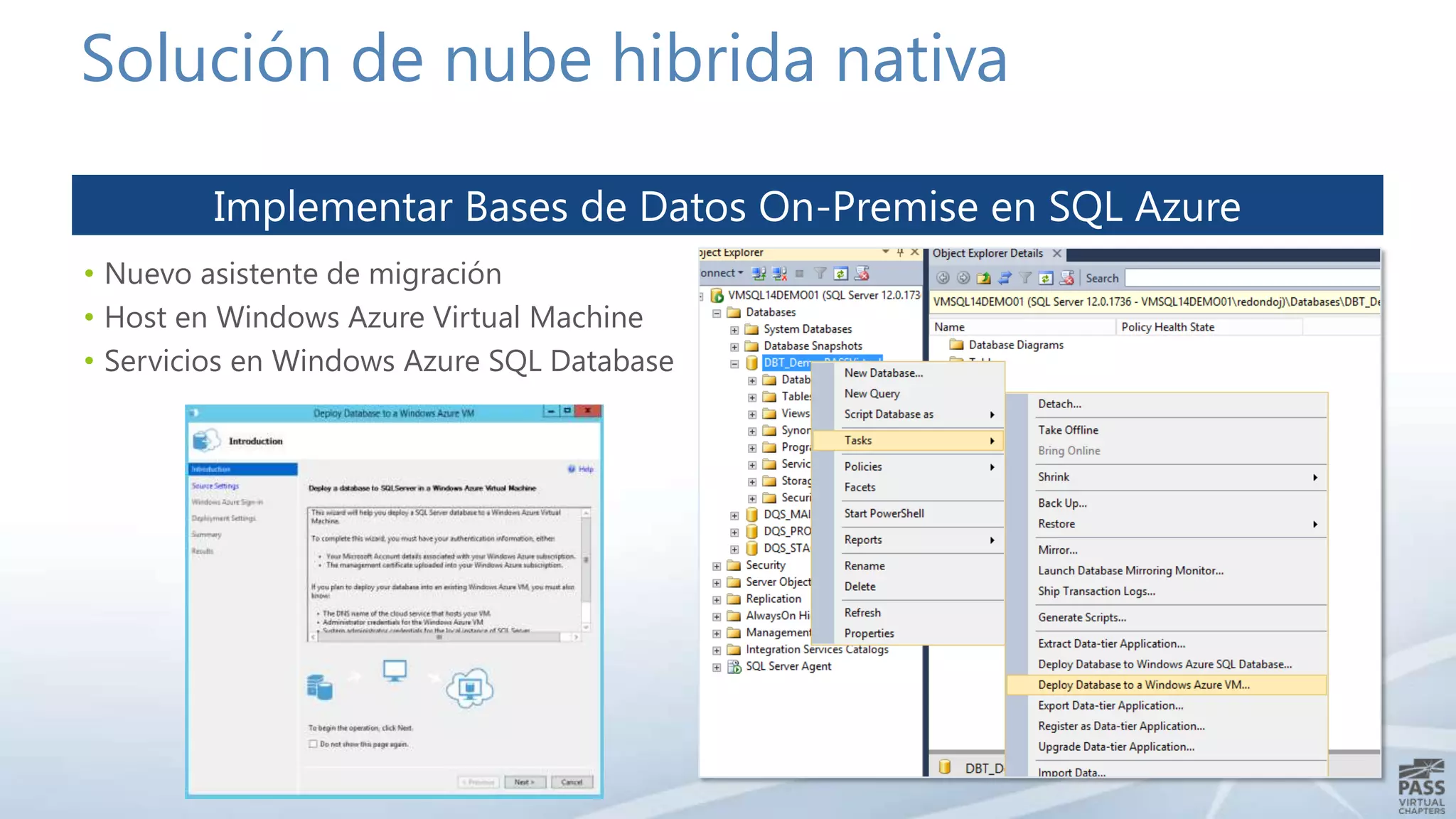 Solución de nube hibrida nativa
Implementar Bases de Datos On-Premise en SQL Azure
• Nuevo asistente de migración
• Host en Windows Azure Virtual Machine
• Servicios en Windows Azure SQL Database

 