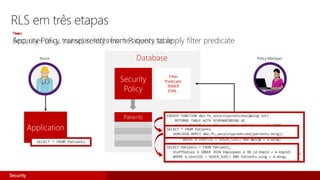 Two
App user (e.g., nurse) selects from Patients table
Three
Security Policy transparently rewrites query to apply filter predicate
Database Policy Manager
CREATE FUNCTION dbo.fn_securitypredicate(@wing int)
RETURNS TABLE WITH SCHEMABINDING AS
return SELECT 1 as [fn_securitypredicate_result] FROM
StaffDuties d INNER JOIN Employees e
ON (d.EmpId = e.EmpId)
WHERE e.UserSID = SUSER_SID() AND @wing = d.Wing;
CREATE SECURITY POLICY dbo.SecPol
ADD FILTER PREDICATE dbo.fn_securitypredicate(Wing) ON Patients
WITH (STATE = ON)
Filter
Predicate:
INNER
JOIN…
Security
Policy
Application
Patients
Nurse
SELECT * FROM Patients
SELECT * FROM Patients
SEMIJOIN APPLY dbo.fn_securitypredicate(patients.Wing);
SELECT Patients.* FROM Patients,
StaffDuties d INNER JOIN Employees e ON (d.EmpId = e.EmpId)
WHERE e.UserSID = SUSER_SID() AND Patients.wing = d.Wing;
RLS em três etapas
Security
 