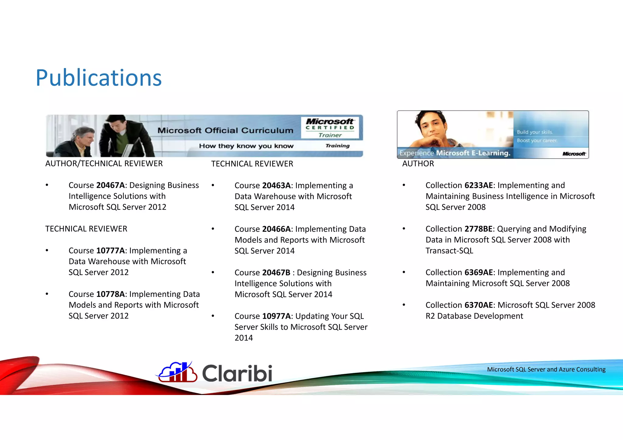 Publications
AUTHOR
• Collection 6233AE: Implementing and
Maintaining Business Intelligence in Microsoft
SQL Server 2008
• Collection 2778BE: Querying and Modifying
Data in Microsoft SQL Server 2008 with
Transact-SQL
• Collection 6369AE: Implementing and
Maintaining Microsoft SQL Server 2008
• Collection 6370AE: Microsoft SQL Server 2008
R2 Database Development
AUTHOR/TECHNICAL REVIEWER
• Course 20467A: Designing Business
Intelligence Solutions with
Microsoft SQL Server 2012
TECHNICAL REVIEWER
• Course 10777A: Implementing a
Data Warehouse with Microsoft
SQL Server 2012
• Course 10778A: Implementing Data
Models and Reports with Microsoft
SQL Server 2012
TECHNICAL REVIEWER
• Course 20463A: Implementing a
Data Warehouse with Microsoft
SQL Server 2014
• Course 20466A: Implementing Data
Models and Reports with Microsoft
SQL Server 2014
• Course 20467B : Designing Business
Intelligence Solutions with
Microsoft SQL Server 2014
• Course 10977A: Updating Your SQL
Server Skills to Microsoft SQL Server
2014
Microsoft SQL Server and Azure Consulting
 