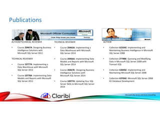 Publications
AUTHOR
• Collection 6233AE: Implementing and
Maintaining Business Intelligence in Microsoft
SQL Server 2008
• Collection 2778BE: Querying and Modifying
Data in Microsoft SQL Server 2008 with
Transact-SQL
• Collection 6369AE: Implementing and
Maintaining Microsoft SQL Server 2008
• Collection 6370AE: Microsoft SQL Server 2008
R2 Database Development
AUTHOR/TECHNICAL REVIEWER
• Course 20467A: Designing Business
Intelligence Solutions with
Microsoft SQL Server 2012
TECHNICAL REVIEWER
• Course 10777A: Implementing a
Data Warehouse with Microsoft
SQL Server 2012
• Course 10778A: Implementing Data
Models and Reports with Microsoft
SQL Server 2012
TECHNICAL REVIEWER
• Course 20463A: Implementing a
Data Warehouse with Microsoft
SQL Server 2014
• Course 20466A: Implementing Data
Models and Reports with Microsoft
SQL Server 2014
• Course 20467B : Designing Business
Intelligence Solutions with
Microsoft SQL Server 2014
• Course 10977A: Updating Your SQL
Server Skills to Microsoft SQL Server
2014
Microsoft SQL Server and Azure Consulting
 