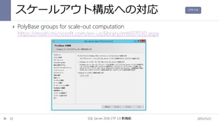 スケールアウト構成への対応
2015/11/21SQL Server 2016 CTP 3.0 新機能33
 PolyBase groups for scale-out computation
https://msdn.microsoft.com/en-us/library/mt607030.aspx
CTP 3.0
 
