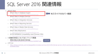 SQL Server 2016 関連情報
2015/11/21SQL Server 2016 CTP 3.0 新機能4
 What’s New
 What‘s New in Database Engine
 https://msdn.microsoft.com/en-us/library/bb510411.aspx
 What's New in Analysis Services
 https://msdn.microsoft.com/en-us/library/bb522628.aspx
 What's New in Integration Services
 https://msdn.microsoft.com/en-us/library/bb522534.aspx
 What's New in Reporting Services
 https://msdn.microsoft.com/en-us/library/ms170438.aspx
 What's New in Master Data Services
 https://msdn.microsoft.com/en-us/library/ff929136.aspx
 What‘s New (Replication)
 https://msdn.microsoft.com/en-us/library/bb500342.aspx
 ALTER DATABASE Compatibility Level (Transact-SQL)
 https://msdn.microsoft.com/ja-jp/library/bb510680(v=sql.130).aspx
 R 言語の対応については CTP3.0 で実装
 What‘s New in SQL Server R Services
https://msdn.microsoft.com/en-us/library/mt604847.aspx
 CTP 2.4
 http://blogs.technet.com/b/dataplatforminsider/archive/2015/09/30/sql-server-2016-community-technology-preview-2-4-is-
available.aspx
本スライドのカバー範囲
CTP 3.0
 