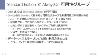 Standard Edition で AlwaysOn 可用性グループ
2015/11/21SQL Server 2016 CTP 3.0 新機能43
 2014 までは Enterprise Edition で利用可能
 2016 からは Standard で基本的な可用性グループを利用可能だが制限がある
 2 ノードで構成 (Enterprise Edition は 8 ノードで構成可能)
 可用性グループに含められるデータベースは 1 つのみ
 セカンダリで読み取り / バックアップ取得は使用不可
 データベーススナップショットを使用することで読み取り可能
 リスナーを作成できない
 単一のアクセスポイントを使用した透過的な接続ができない
 データベースミラーリングと近い利用方法となる
 ミラーリングと異なり非同期モードでも利用可能
 