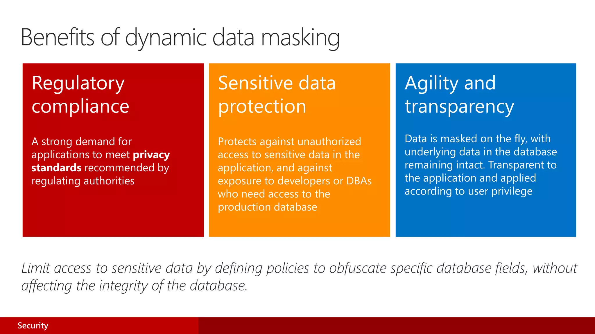 Regulatory
compliance
Sensitive data
protection
Agility and
transparency
Data is masked on the fly, with
underlying data in the database
remaining intact. Transparent to
the application and applied
according to user privilege
Limit access to sensitive data by defining policies to obfuscate specific database fields, without
affecting the integrity of the database.
Benefits of dynamic data masking
Security
 