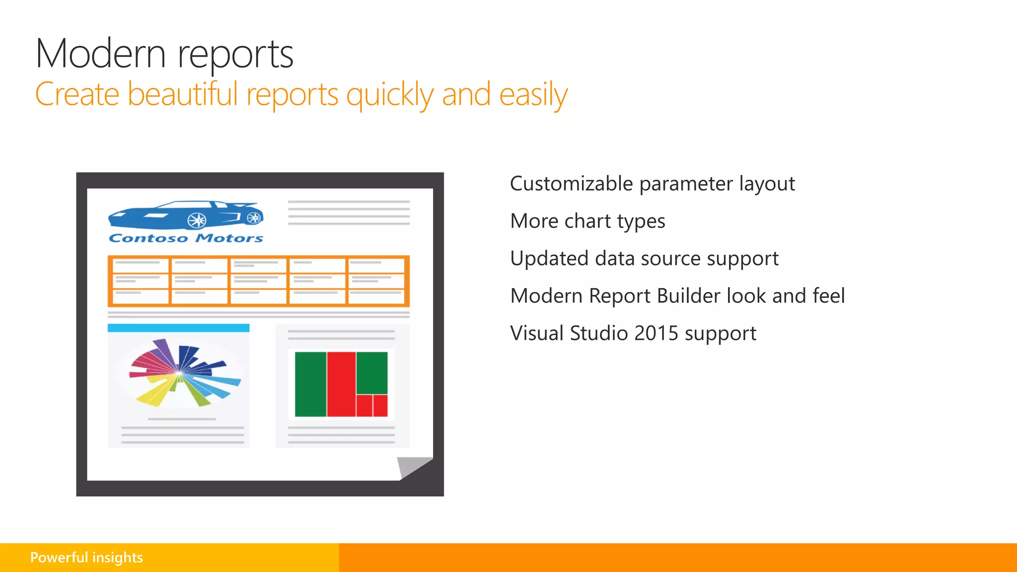 Modern Report Builder look and feel
Visual Studio 2015 support
Modern reports
Powerful insights
 