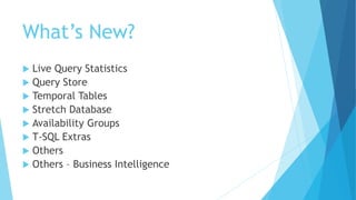 What’s New?
 Live Query Statistics
 Query Store
 Temporal Tables
 Stretch Database
 Availability Groups
 T-SQL Extras
 Others
 Others – Business Intelligence
 