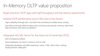 Extreme OLTP performance (up to 30x) due to two factors:
High scalability through lock- and latch-free architecture enables linear scaling
Low latency through efficient data access and query processing: memory-optimized
data structures and native compilation
Integrated into SQL Server for low total cost of ownership (TCO)
Part of Enterprise Edition
Same databases can have in-memory and on-disk
Integrated developer and DBA experience: same T-SQL, client stack, tooling,
backup/restore, AlwaysOn
In-Memory OLTP value proposition
Target scenarios: OLTP apps with high throughput and low-latency requirements
 