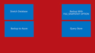Stretch Database Backup With
FILE_SNAPSHOT OPTION
Backup to Azure Query Store
 