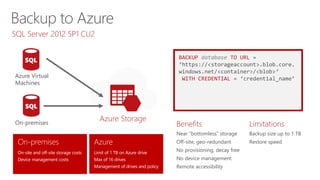 Benefits
Near “bottomless” storage
Off-site, geo-redundant
No provisioning, decay free
No device management
Remote accessibility
Limitations
Backup size up to 1 TB
Restore speed
BACKUP database TO URL =
‘https://<storageaccount>.blob.core.
windows.net/<container>/<blob>’
WITH CREDENTIAL = ‘credential_name’
Azure Storage
Azure Virtual
Machines
On-premises
On-site and off-site storage costs
Device management costs
Limit of 1 TB on Azure drive
Max of 16 drives
Management of drives and policy
SQL Server 2012 SP1 CU2
 