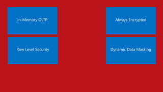 In-Memory OLTP Always Encrypted
Row Level Security Dynamic Data Masking
 