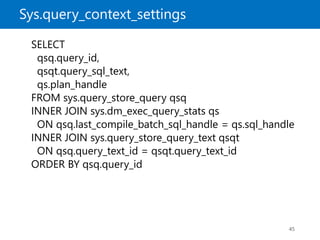 Sys.query_context_settings
45
SELECT
qsq.query_id,
qsqt.query_sql_text,
qs.plan_handle
FROM sys.query_store_query qsq
INNER JOIN sys.dm_exec_query_stats qs
ON qsq.last_compile_batch_sql_handle = qs.sql_handle
INNER JOIN sys.query_store_query_text qsqt
ON qsq.query_text_id = qsqt.query_text_id
ORDER BY qsq.query_id
 