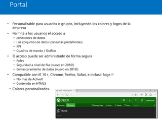 • Personalizable para usuarios o grupos, incluyendo los colores y logos de la
empresa
• Permite a los usuarios el acceso a
• conexiones de datos
• Los conjuntos de datos (consultas predefinidas)
• KPI
• Cuadros de mando / Gráfico
• El acceso puede ser administrado de forma segura
• Roles
• Seguridad a nivel de fila (nuevo en 2016!)
• Enmascaramiento de datos (nuevo en 2016!)
• Compatible con IE 10+, Chrome, Firefox, Safari, e incluso Edge !!
• No más de ActiveX
• Contenido en HTML5
• Colores personalizados
Portal
 