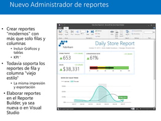• Crear reportes
"modernos" con
más que solo filas y
columnas
• Incluir Gráficos y
tablas
• KPI '
• Todavía soporta los
reportes de fila y
columna "viejo
estilo"
• La misma impresión
y exportación
• Elaborar reportes
en el Reporte
Builder, ya sea
nueva o en Visual
Studio
Nuevo Administrador de reportes
 