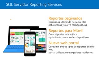 SQL Servidor Reporting Services
Reportes paginados
Diseñados utilizando herramientas
actualizadas y nuevo caracteristicas
Reportes para Móvil
Crear reportes interactivos
optimizado para móviles dispositivos
Nueva web portal
Consumir ambos tipos de reportes en uno
web
portal utilizando navegadores modernos
 