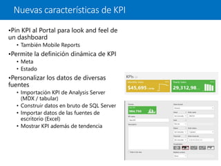 •Pin KPI al Portal para look and feel de
un dashboard
• También Mobile Reports
•Permite la definición dinámica de KPI
• Meta
• Estado
•Personalizar los datos de diversas
fuentes
• Importación KPI de Analysis Server
(MDX / tabular)
• Construir datos en bruto de SQL Server
• Importar datos de las fuentes de
escritorio (Excel)
• Mostrar KPI además de tendencia
Nuevas características de KPI
 