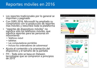 Reportes móviles en 2016
• Los reportes tradicionales por lo general se
imprimen y paginado
• Con SSRS 2016, Microsoft ha ampliado su
compromiso con la producción de reportes
más móviles y reescribió toda la plataforma
• "reportes de dispositivos móviles" no
significa sólo los teléfonos móviles, que
significa reportes para las personas en
movimiento
• Teléfono móvil
• tabletas
• Las computadoras portátiles
• Incluso los ordenadores de sobremesa!
• Ajusta el contenido a la orientación del
dispositivo y el tamaño de la pantalla
• FYI - Todo esto se basa en Datazen
tecnologías que se compraron a principios
de 2015
 