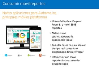• Uno móvil aplicación para
Poder BI y móvil SSRS
reportes
• Nativo móvil
optimizado para la
experiencia toque
• Guardar datos hasta al día con
tiempo real consulta o
programado datos refrescar
• Interactuar con móvil
reportes incluso cuando
desconectado
Consumir móvilreportes
Nativo aplicaciones para Alabama los
principales móviles plataformas
 