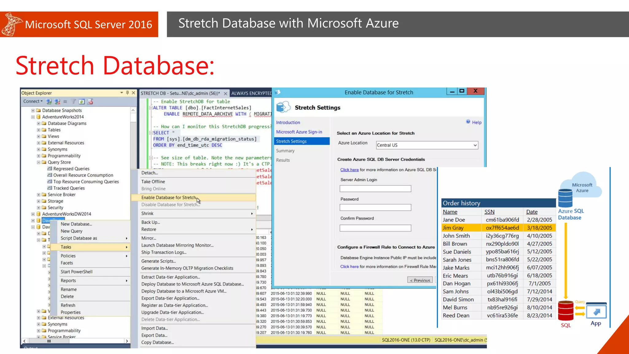 Microsoft SQL Server 2016 Stretch Database with Microsoft Azure
Stretch Database:
 