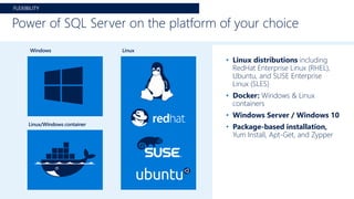 • Linux distributions including
RedHat Enterprise Linux (RHEL),
Ubuntu, and SUSE Enterprise
Linux (SLES)
• Docker: Windows & Linux
containers
• Windows Server / Windows 10
• Package-based installation,
Yum Install, Apt-Get, and Zypper
Power of SQL Server on the platform of your choice
Linux
Linux/Windows container
Windows
FLEXIBILITY
 