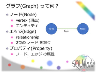 グラフ(Graph) って何？
ノード(Node)
vertex (頂点)
エンティティ
エッジ(Edge)
releationship
2つの ノード を繋ぐ
プロパティ(Property)
ノード、エッジ の属性
 