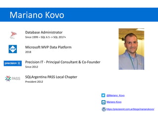 Mariano Kovo
Database Administrator
Since 1999 – SQL 6.5 -> SQL 2017+
Microsoft MVP Data Platform
2018
Precision IT - Principal Consultant & Co-Founder
Since 2012
SQLArgentina PASS Local Chapter
President 2012
@Mariano_Kovo
https://precisionit.com.ar/blogs/marianokovo/
Mariano Kovo
 