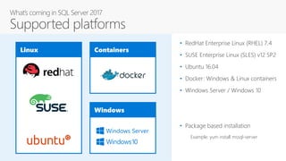 Linux Containers
Windows
Windows Server
• RedHat Enterprise Linux (RHEL) 7.4
• SUSE Enterprise Linux (SLES) v12 SP2
• Ubuntu 16.04
• Docker: Windows & Linux containers
• Windows Server / Windows 10
• Package based installation
Example: yum install mssql-server
 