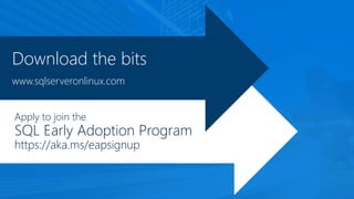 Download the bits
www.sqlserveronlinux.com
Apply to join the
SQL Early Adoption Program
https://aka.ms/eapsignup
 