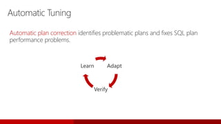 Automatic Tuning
Automatic plan correction identifies problematic plans and fixes SQL plan
performance problems.
Adapt
Verify
Learn
 