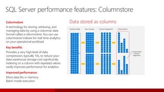 Data stored as columns
SQL Server performance features: Columnstore
Columnstore
A technology for storing, retrieving, and
managing data by using a columnar data
format called a columnstore. You can use
columnstore indexes for real-time analytics
on your operational workload.
Key benefits
Provides a very high level of data
compression, typically 10x, to reduce your
data warehouse storage cost significantly.
Indexing on a column with repeated values
vastly improves performance for analytics.
Improved performance:
More data fits in memory
Batch-mode execution
 