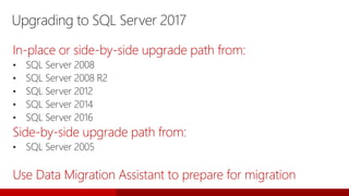 Upgrading to SQL Server 2017
In-place or side-by-side upgrade path from:
• SQL Server 2008
• SQL Server 2008 R2
• SQL Server 2012
• SQL Server 2014
• SQL Server 2016
Side-by-side upgrade path from:
• SQL Server 2005
Use Data Migration Assistant to prepare for migration
 