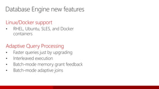 Database Engine new features
Linux/Docker support
• RHEL, Ubuntu, SLES, and Docker
containers
Adaptive Query Processing
• Faster queries just by upgrading
• Interleaved execution
• Batch-mode memory grant feedback
• Batch-mode adaptive joins
 
