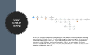 Scalar
Function
Inlining
Scalar UDF inlining automatically transforms scalar user-defined functions (UDF) into relational
expressions and embeds them in the calling SQL query, thereby improving the performance of
workloads that leverage scalar UDFs. Scalar UDF inlining facilitates cost-based optimization of
operations inside UDFs, and results in efficient plans that are set-oriented and parallel as
opposed to inefficient, iterative, serial execution plans. This feature is enabled by default under
database compatibility level 150.
 