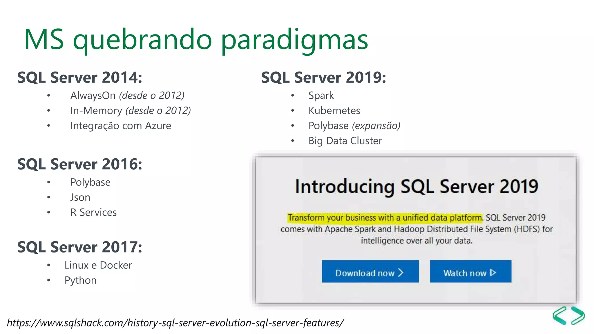 MS quebrando paradigmas
SQL Server 2014:
• AlwaysOn (desde o 2012)
• In-Memory (desde o 2012)
• Integração com Azure
SQL Server 2016:
• Polybase
• Json
• R Services
SQL Server 2017:
• Linux e Docker
• Python
https://www.sqlshack.com/history-sql-server-evolution-sql-server-features/
SQL Server 2019:
• Spark
• Kubernetes
• Polybase (expansão)
• Big Data Cluster
 