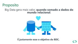 Proposito
Big Data gera mais valor, quando somado a dados do
mundo relacional.
É justamente esse o objetivo do BDC.
 