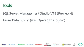 Tools
SQL Server Management Studio V18 (Preview 6)
Azure Data Studio (was Operations Studio)
 