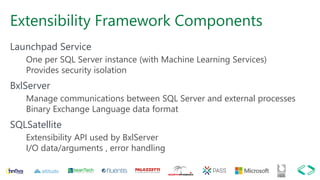 Extensibility Framework Components
Launchpad Service
One per SQL Server instance (with Machine Learning Services)
Provides security isolation
BxlServer
Manage communications between SQL Server and external processes
Binary Exchange Language data format
SQLSatellite
Extensibility API used by BxlServer
I/O data/arguments , error handling
 
