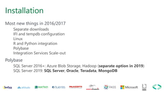 Installation
Most new things in 2016/2017
Separate downloads
IFI and tempdb configuration
Linux
R and Python integration
Polybase
Integration Services Scale-out
Polybase
SQL Server 2016+: Azure Blob Storage, Hadoop (separate option in 2019)
SQL Server 2019: SQL Server, Oracle, Teradata, MongoDB
 