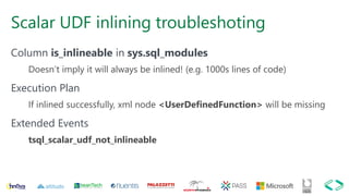 Scalar UDF inlining troubleshoting
Column is_inlineable in sys.sql_modules
Doesn’t imply it will always be inlined! (e.g. 1000s lines of code)
Execution Plan
If inlined successfully, xml node <UserDefinedFunction> will be missing
Extended Events
tsql_scalar_udf_not_inlineable
 
