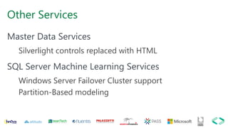 Other Services
Master Data Services
Silverlight controls replaced with HTML
SQL Server Machine Learning Services
Windows Server Failover Cluster support
Partition-Based modeling
 