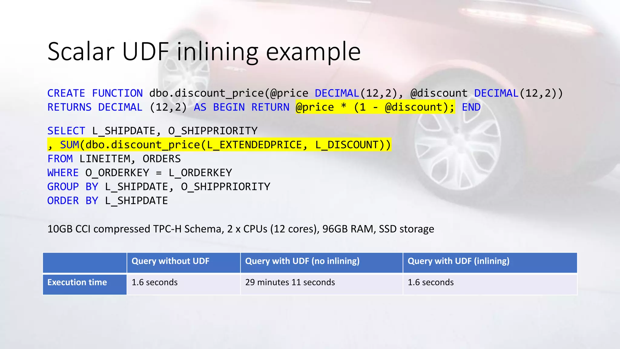 Scalar UDF inlining example
Query without UDF Query with UDF (no inlining) Query with UDF (inlining)
Execution time 1.6 seconds 29 minutes 11 seconds 1.6 seconds
CREATE FUNCTION dbo.discount_price(@price DECIMAL(12,2), @discount DECIMAL(12,2))
RETURNS DECIMAL (12,2) AS BEGIN RETURN @price * (1 - @discount); END
SELECT L_SHIPDATE, O_SHIPPRIORITY
, SUM(dbo.discount_price(L_EXTENDEDPRICE, L_DISCOUNT))
FROM LINEITEM, ORDERS
WHERE O_ORDERKEY = L_ORDERKEY
GROUP BY L_SHIPDATE, O_SHIPPRIORITY
ORDER BY L_SHIPDATE
10GB CCI compressed TPC-H Schema, 2 x CPUs (12 cores), 96GB RAM, SSD storage
 