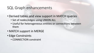 SQL Graph enhancements
• Derived tables and view support in MATCH queries
• Set of nodes/edges using UNION ALL
• Useful for heterogeneous entities or connections between
them
• MATCH support in MERGE
• Edge Constraints
• CONNECTION constraint
 