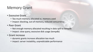 Memory Grant
• Excessive Grant
• Too much memory allocated vs. memory used
• Impact: blocking, out-of-memory, reduced concurrency
• Poor Grant
• Not enough memory allocated resulting in data spill to tempdb
• Impact: slow query, excessive disk usage (tempdb)
• Grant increase
• dynamic grants increase allocation too much
• impact: server instability, unpredictable performance
 