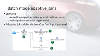 Batch mode adaptive joins
• Scenario
• Nested loop algorithm better for small build join inputs
• Hash algorithm better for bigger inputs
• Adaptive joins defer choice after first input scanned
 